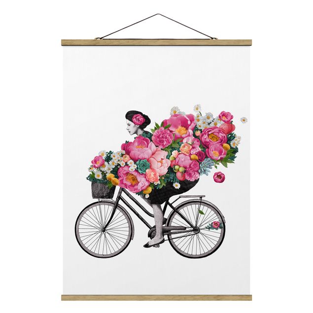 Cuadros famosos Illustration Woman On Bicycle Collage Colourful Flowers
