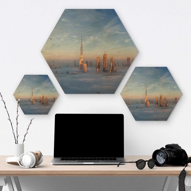 Hexagon Bild Holz - Dubai über den Wolken