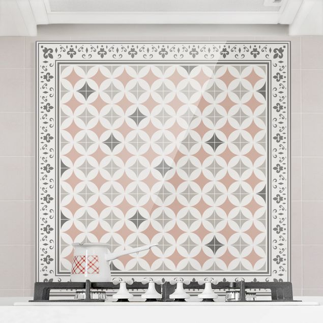 Decoración en la cocina Geometrical Tiles Circular Flowers Orange With Border