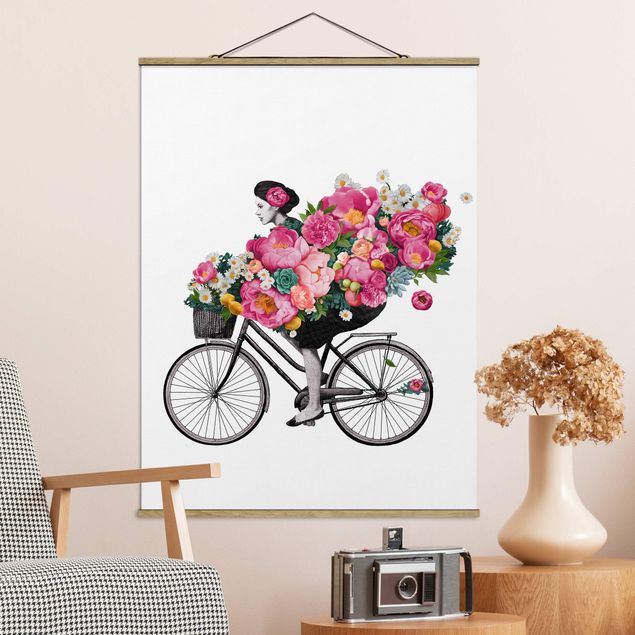 Decoración de cocinas Illustration Woman On Bicycle Collage Colourful Flowers