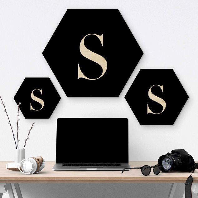 Hexagon Bild Holz - Buchstabe Serif Schwarz S