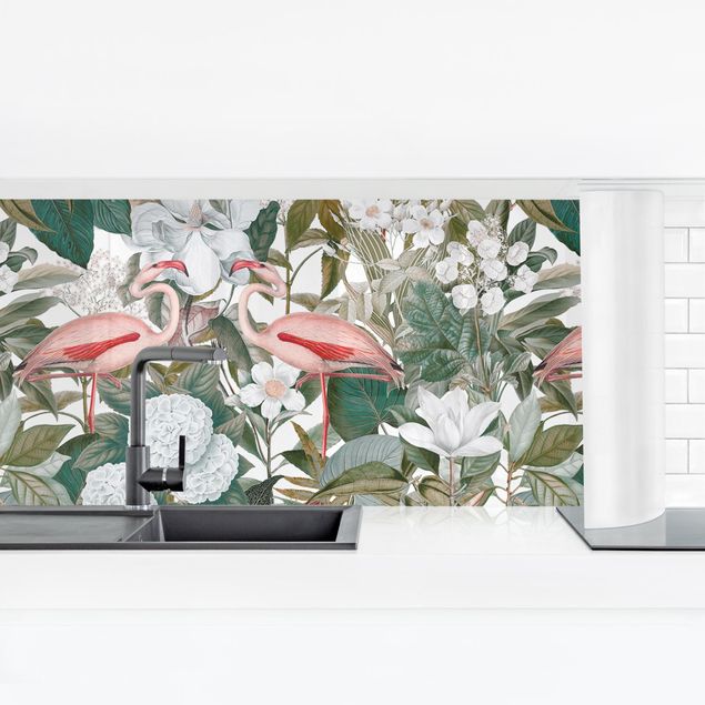 revestimiento pared cocina Pink Flamingos With Leaves And White Flowers