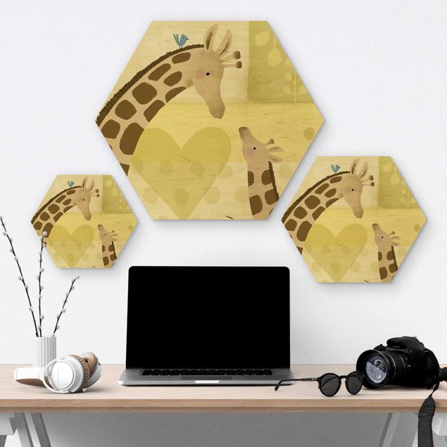 Hexagon Bild Holz - Mama und ich - Giraffen