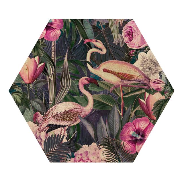 Cuadros de flores Colorful Collage - Pink Flamingos In The Jungle