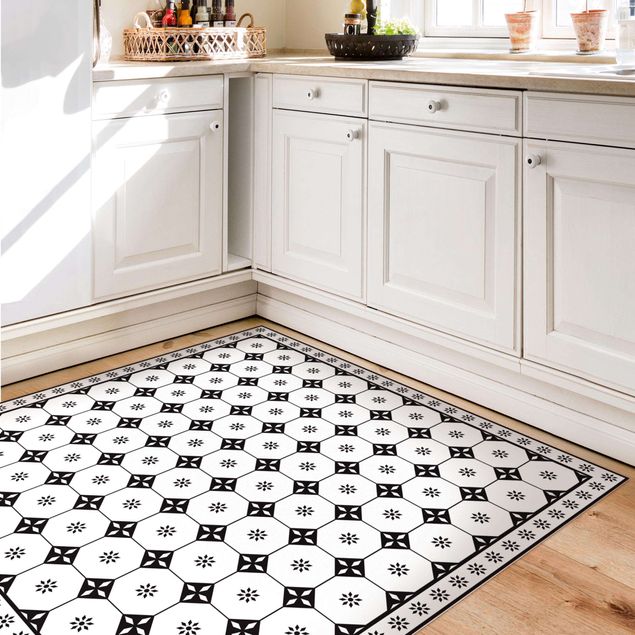 Alfombra azulejos Geometrical Tiles Cottage Black And White With Border