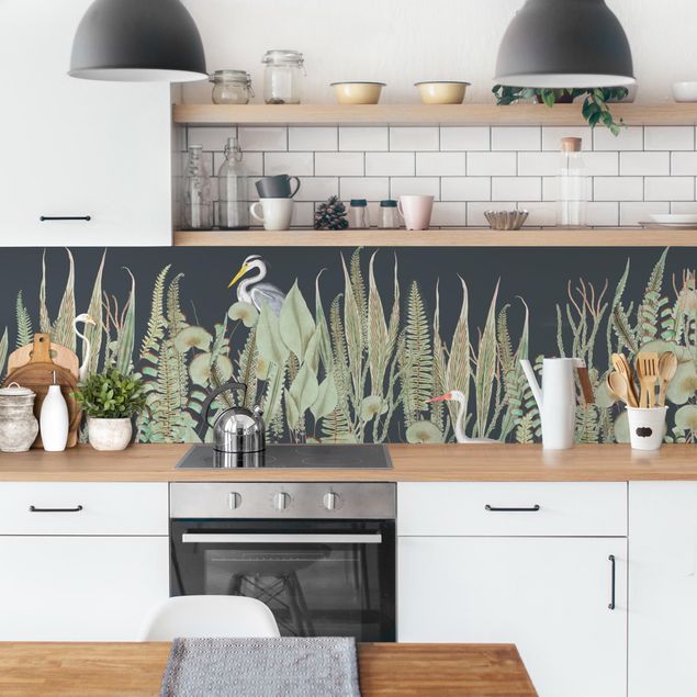 revestimiento pared cocina Flamingo And Stork With Plants On Green