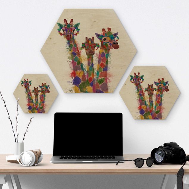 Hexagon Bild Holz - Regenbogen Splash Giraffen-Trio