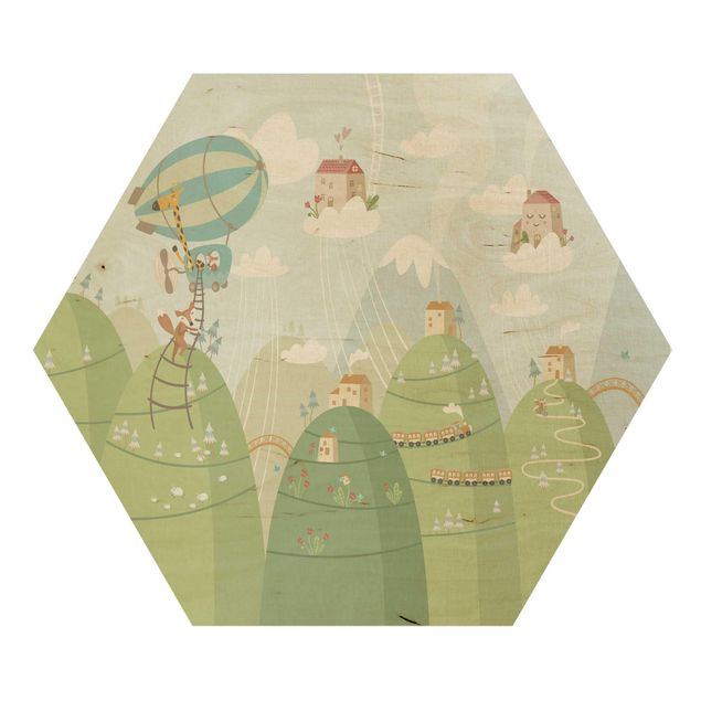Hexagon Bild Holz - Wald mit Häusern und Tieren