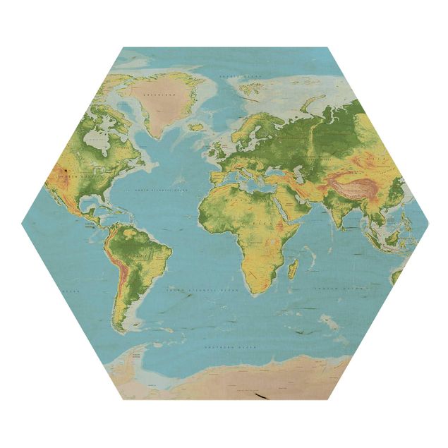 Hexagon Bild Holz - Physische Weltkarte