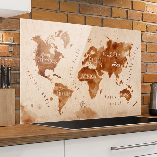 Decoración de cocinas World Map Watercolor Beige Brown