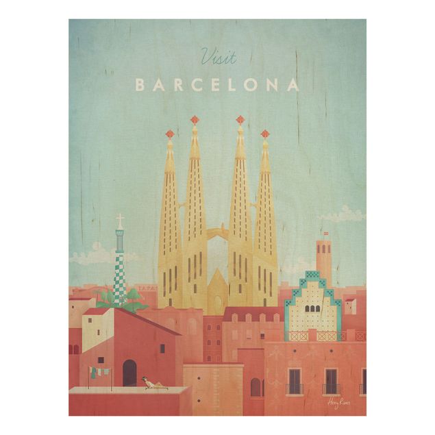 cuadros de madera vintage Travel Poster - Barcelona