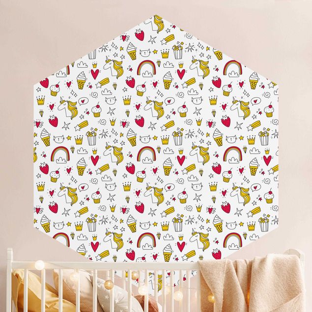 Papel pintado con patrones Unicorns And Sweets In Yellow And Red
