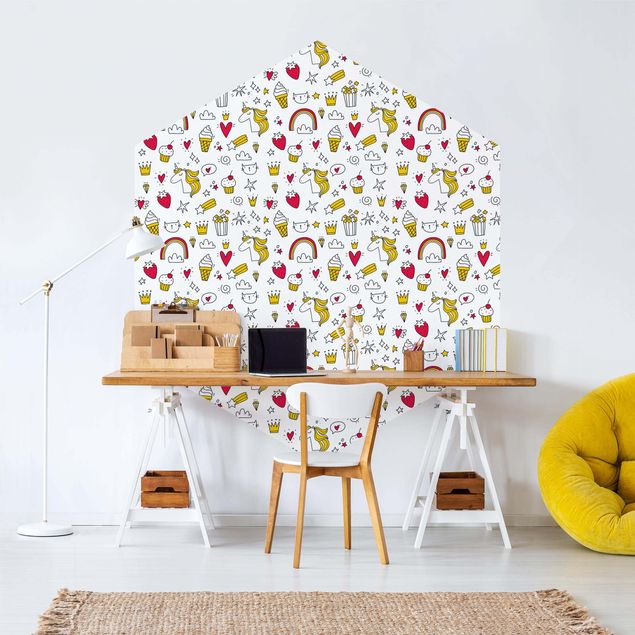 Papel pintado hexagonal Unicorns And Sweets In Yellow And Red