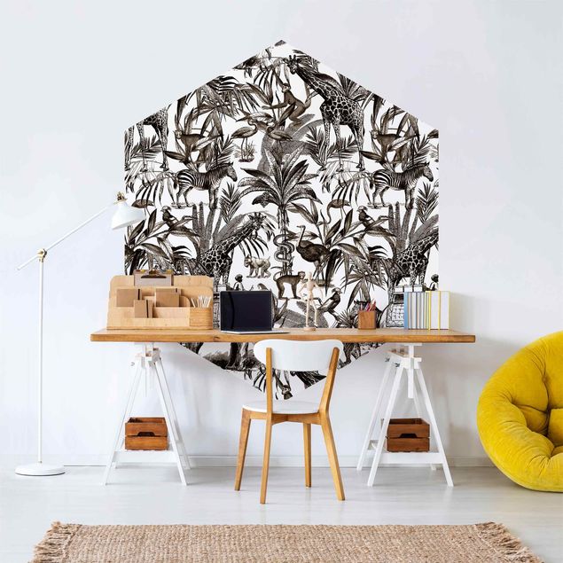 Papel pintado jirafas Elephants Giraffes Zebras And Tiger Black And White With Brown Tone