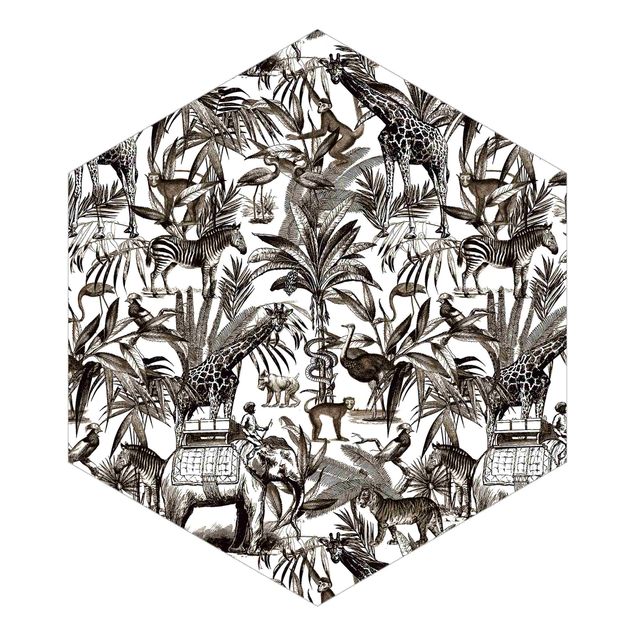 Papel pintado con patrones Elephants Giraffes Zebras And Tiger Black And White With Brown Tone
