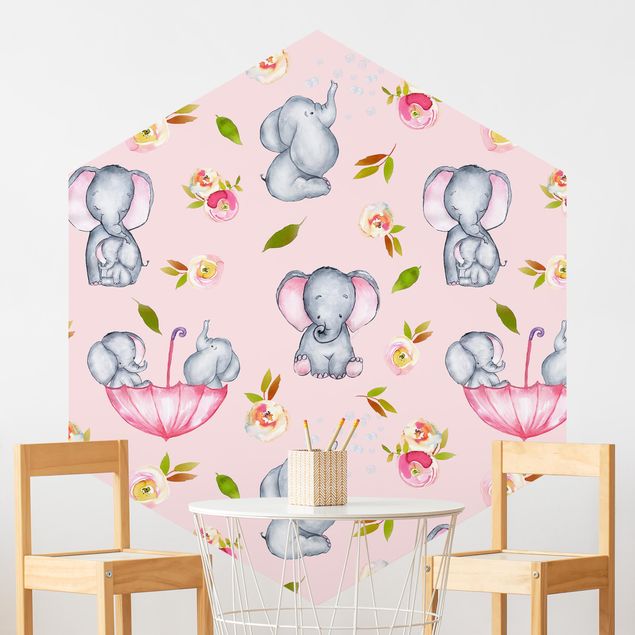 Papel pintado elefantes Elephant With Flowers In Front Of Pink