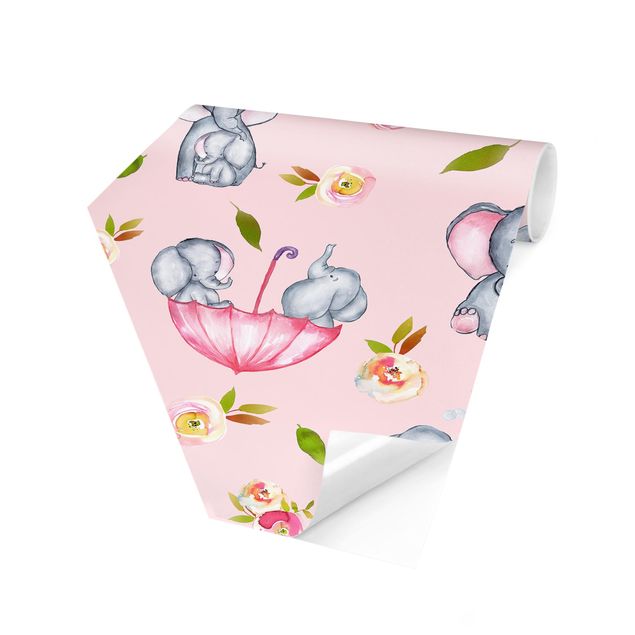 Papel pintado hexagonal Elephant With Flowers In Front Of Pink