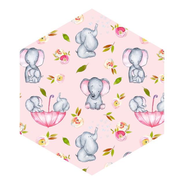 Papel pintado tonos rosas Elephant With Flowers In Front Of Pink