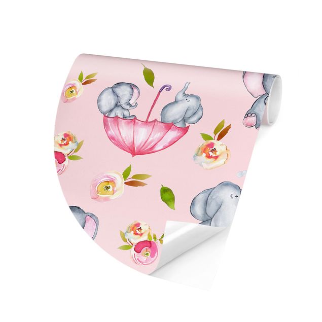 Papel pintado con patrones Elephant With Flowers In Front Of Pink