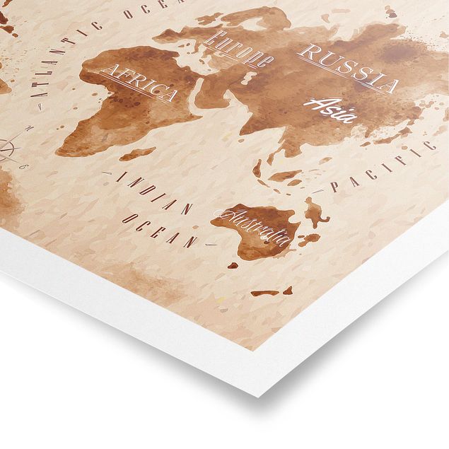 Cuadros marrón World Map Watercolour Beige Brown