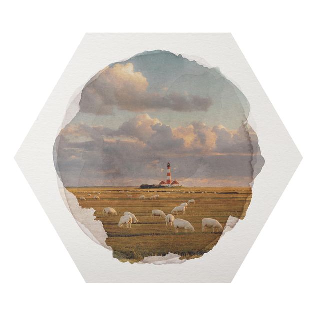 Cuadros con mar WaterColours - North Sea Lighthouse With Sheep Herd