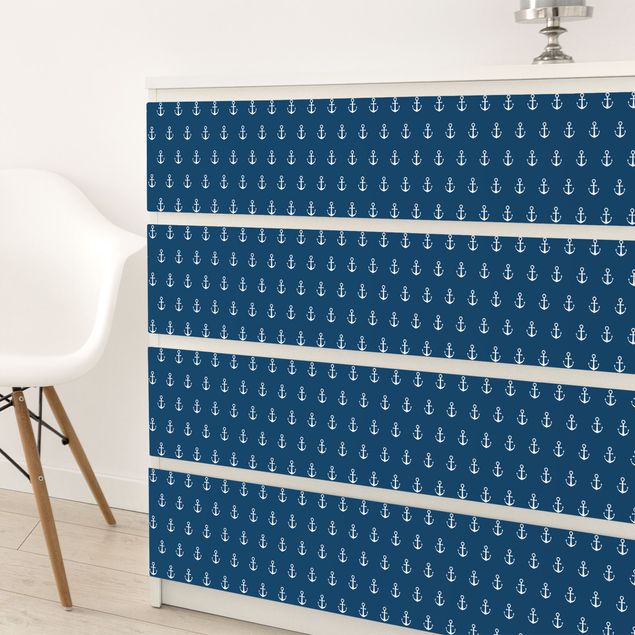 Papel adhesivo para muebles mate Monogram Anchor Pattern Blue White