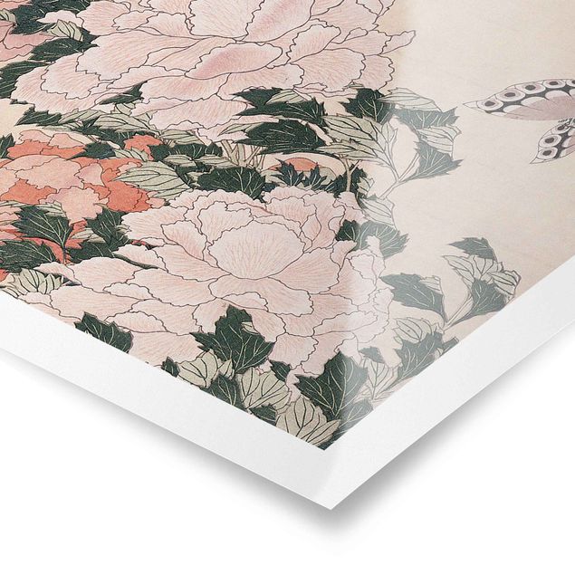 Cuadros de plantas naturales Katsushika Hokusai - Pink Peonies With Butterfly