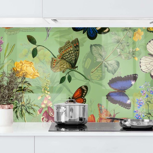 Decoración de cocinas Butterflies With Flowers On Green