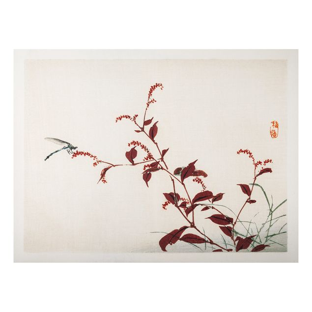 Cuadros plantas Asian Vintage Drawing Red Branch With Dragonfly