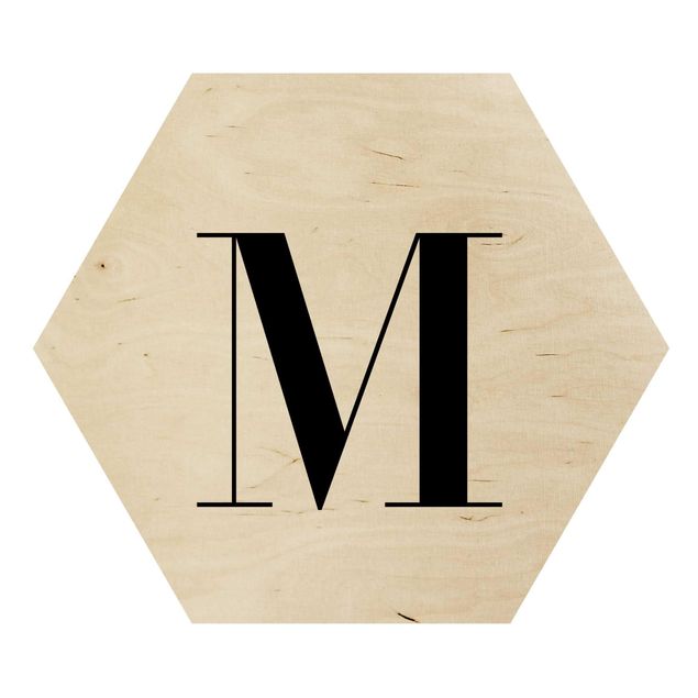 Hexagon Bild Holz - Buchstabe Serif Weiß M