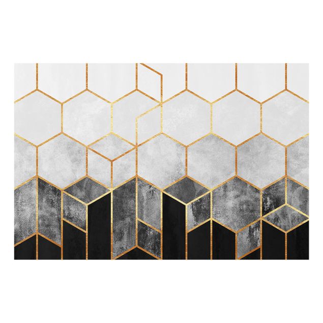 Paneles de vidrio para cocinas Golden Hexagons Black And White