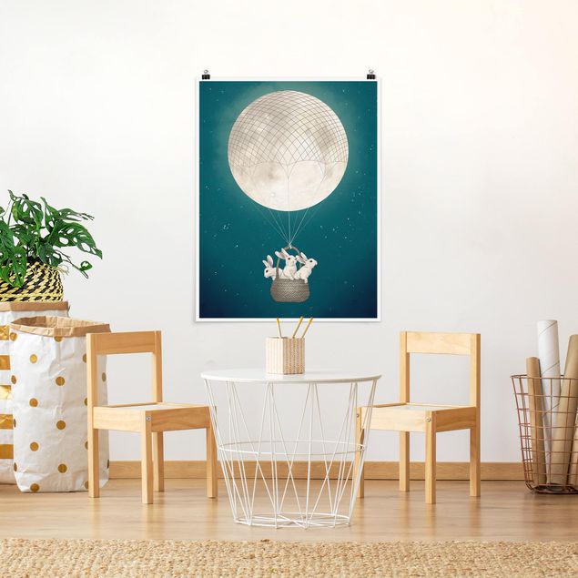 Póster animales Illustration Rabbits Moon As Hot-Air Balloon Starry Sky