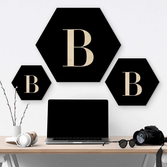 Hexagon Bild Holz - Buchstabe Serif Schwarz B