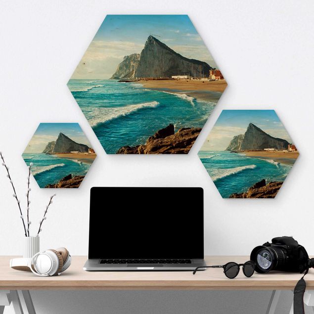 Hexagon Bild Holz - Gibraltar am Meer