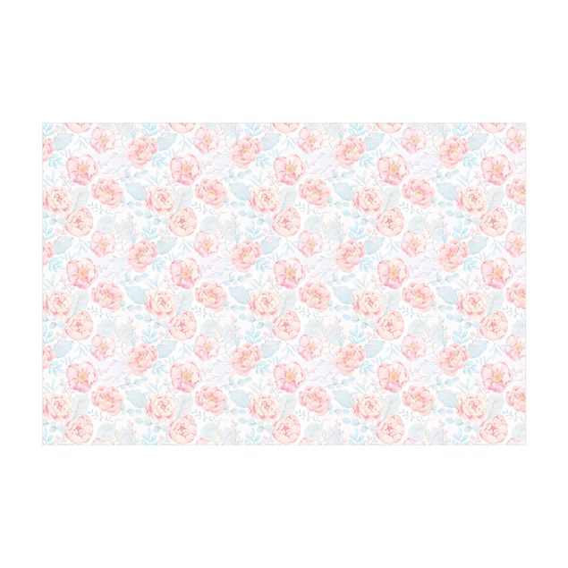 Alfombra colores pastel Pink Flowers With Light Blue Leaves