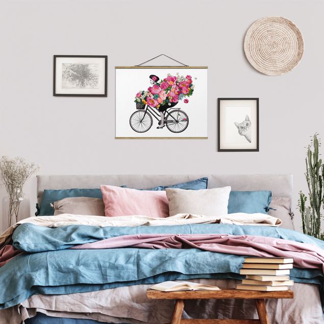Cuadros de plantas Illustration Woman On Bicycle Collage Colourful Flowers