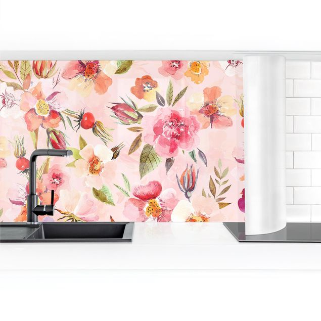 Salpicaderos de cocina Watercolour Flowers On Light Pink