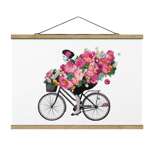Reproducciónes de cuadros Illustration Woman On Bicycle Collage Colourful Flowers