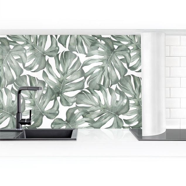 revestimiento pared cocina Watercolour Monstera Leaves In Green II