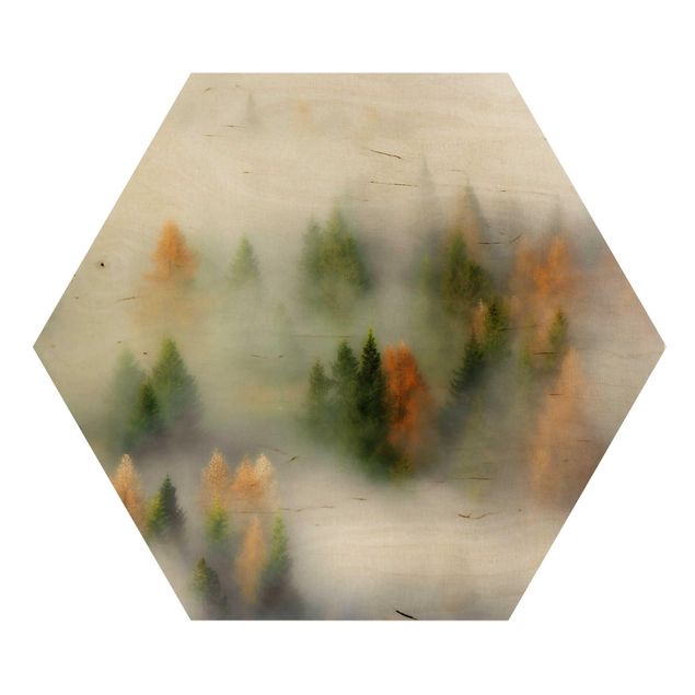 Hexagon Bild Holz - Nebelwald im Herbst