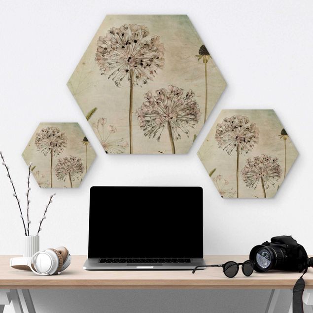 Hexagon Bild Holz - Lauchblüten in Pastell