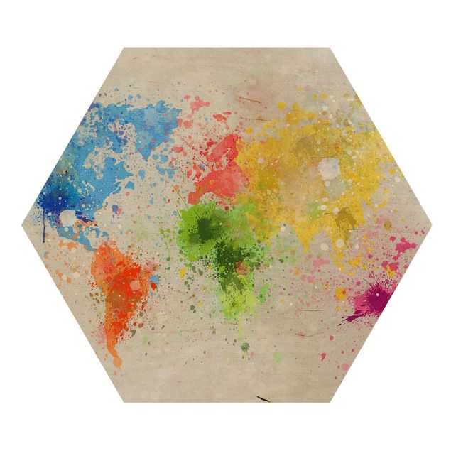 Hexagon Bild Holz - Bunte Farbspritzer Weltkarte