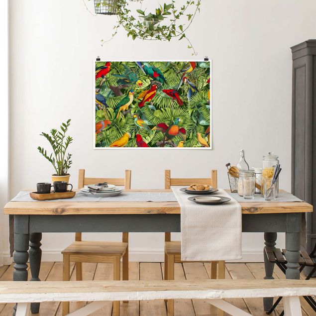 Láminas flores Colourful Collage - Parrots In The Jungle