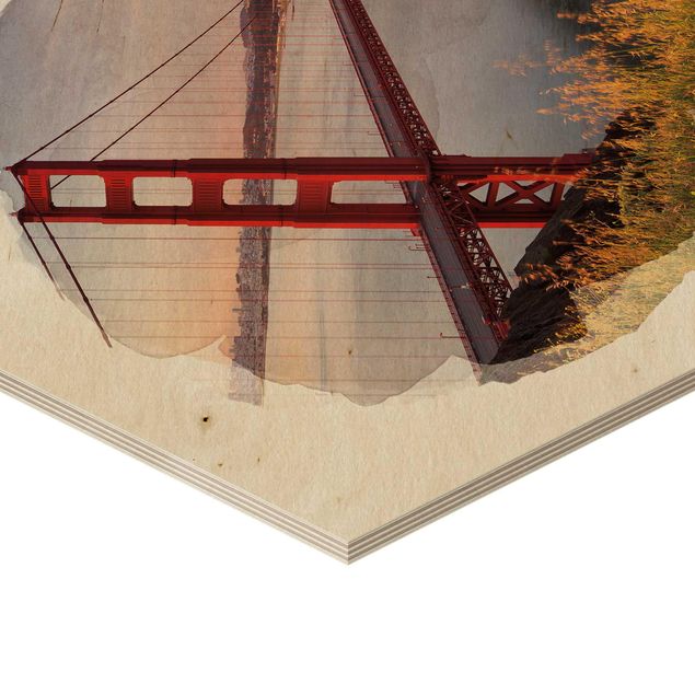 Hexagon Bild Holz - Wasserfarben - Golden Gate Bridge in San Francisco