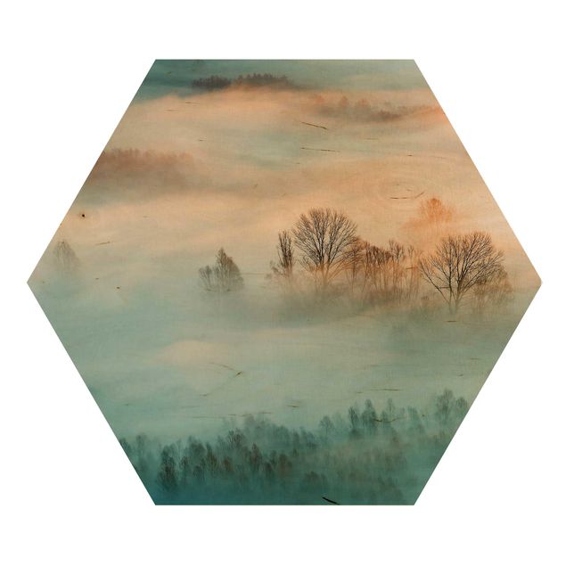 Hexagon Bild Holz - Nebel bei Sonnenaufgang