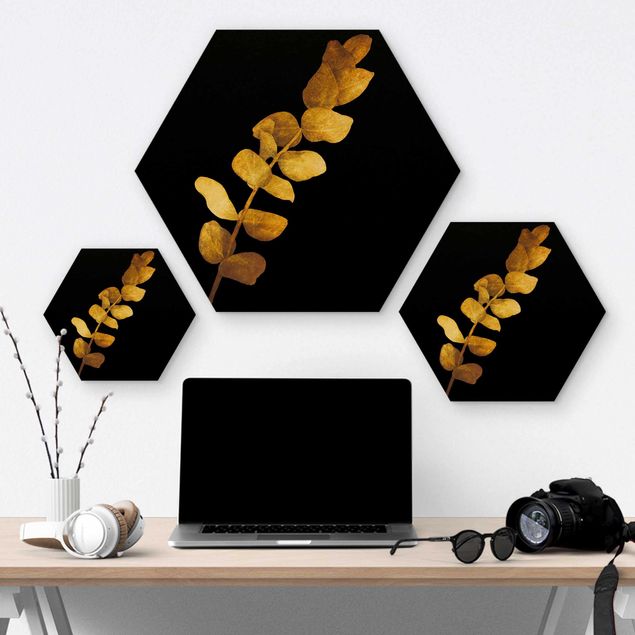 Hexagon Bild Holz - Gold - Eukalyptus auf Schwarz