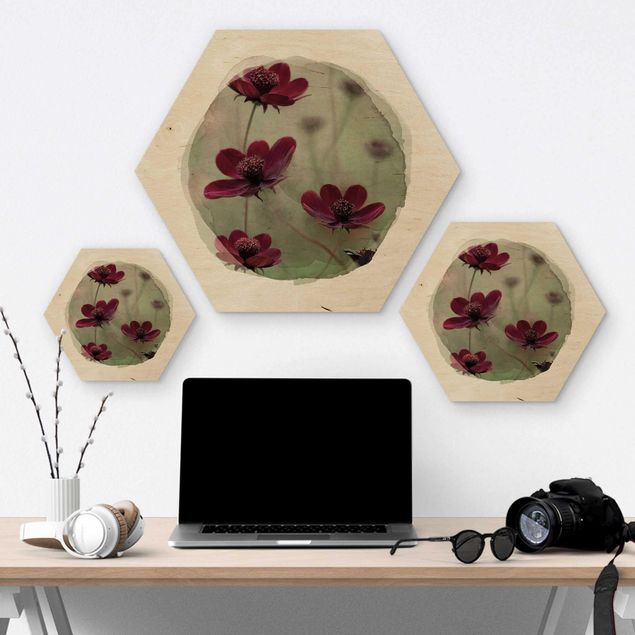 Hexagon Bild Holz - Wasserfarben - Pinke Kosmeen