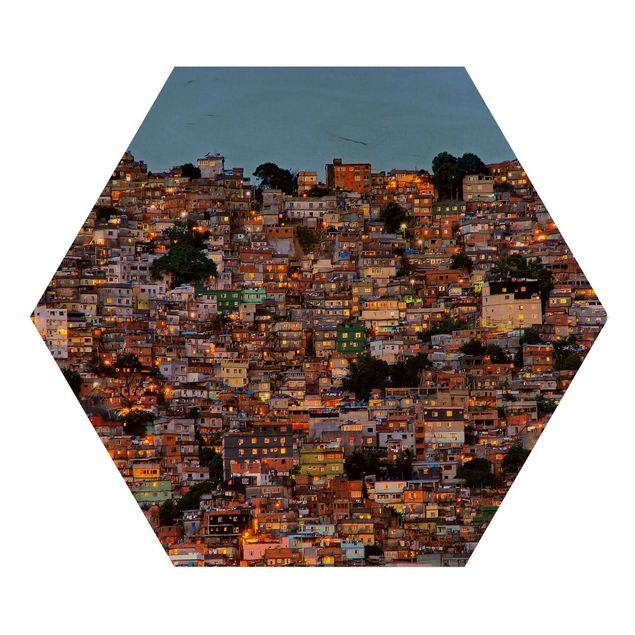 Hexagon Bild Holz - Rio de Janeiro Favela Sonnenuntergang