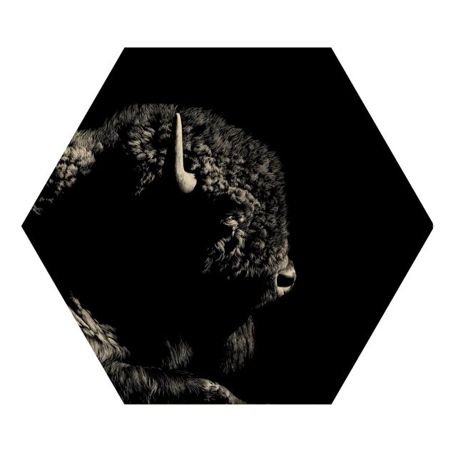 Hexagon Bild Holz - Bison vor Schwarz