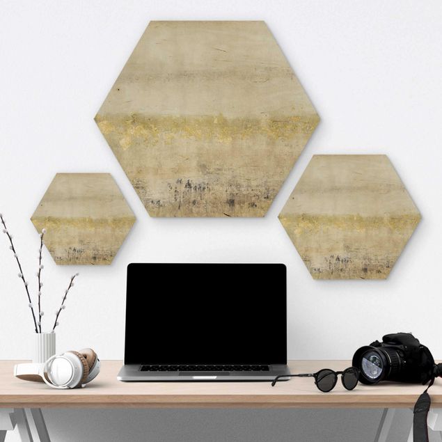 Hexagon Bild Holz - Goldene Farbfelder I